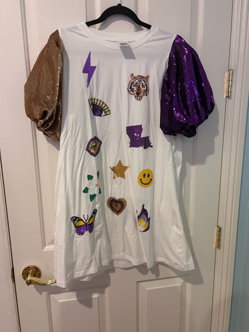 Queen of Sparkles White Graphic Sequin Sleeve Dress with Purple & Gold Accents